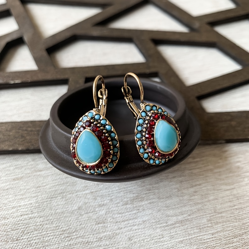Vintage Teardrop Turquoise & Red Gemstone Earrings with Golden Beaded Frame